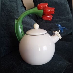 Ancona Kettle Hummingbird, Tulips Enamel Red, White, Blue & Green Vintage Teapot